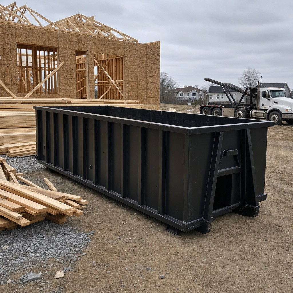 Matte-black 40-yard roll-off dumpster staged on a framed-out residential construction site in Ballston Spa, framing lumber stacked nearby, hooklift delivery truck visible in the background under bright Colorado daylight