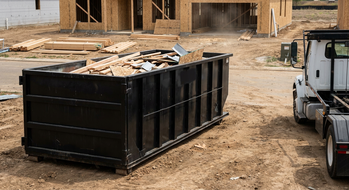 Matte-black 20-yard roll-off construction dumpster with heavy ribbed steel sidewalls and swing rear doors at a working jobsite in Ballston Spa, sitting directly on compacted dirt with an unmarked white hauler partially visible at the far edge of the frame.