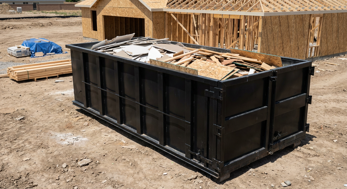 Matte-black 30-yard roll-off construction dumpster sitting directly on the compacted-dirt site of a framed single-family home build in Ballston Spa, drywall and lumber scrap loaded inside.