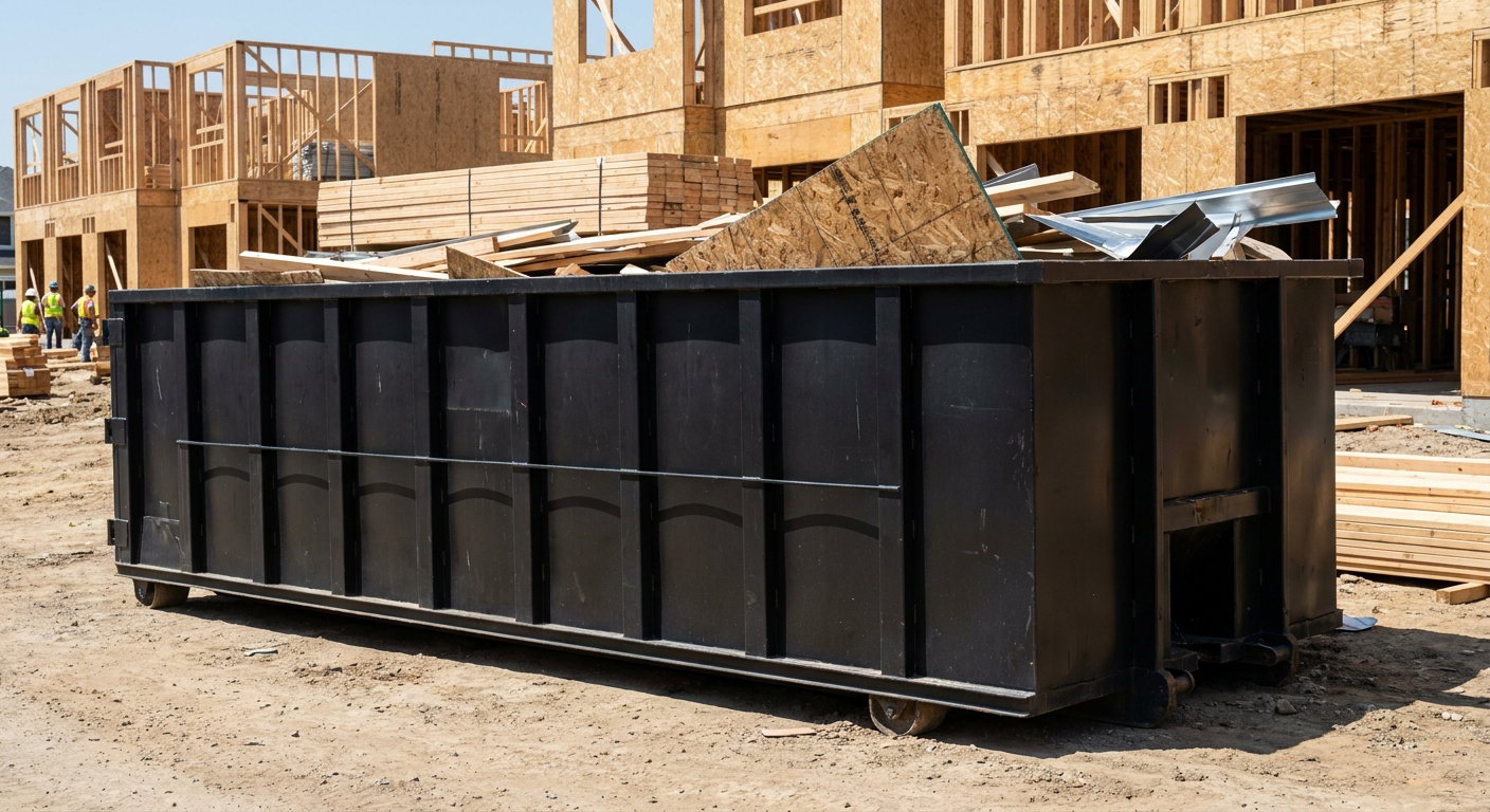Matte-black 40-yard roll-off construction dumpster being lowered from a white-cab hooklift delivery truck onto the compacted-dirt jobsite at a commercial build site in Ballston Spa