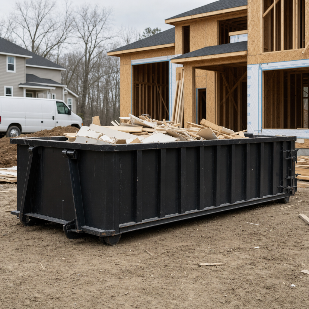 Worker in a yellow high-visibility vest tossing framing lumber and broken drywall into a matte-black 30-yard construction roll-off dumpster on an active build site in Ballston Spa, bright daylight