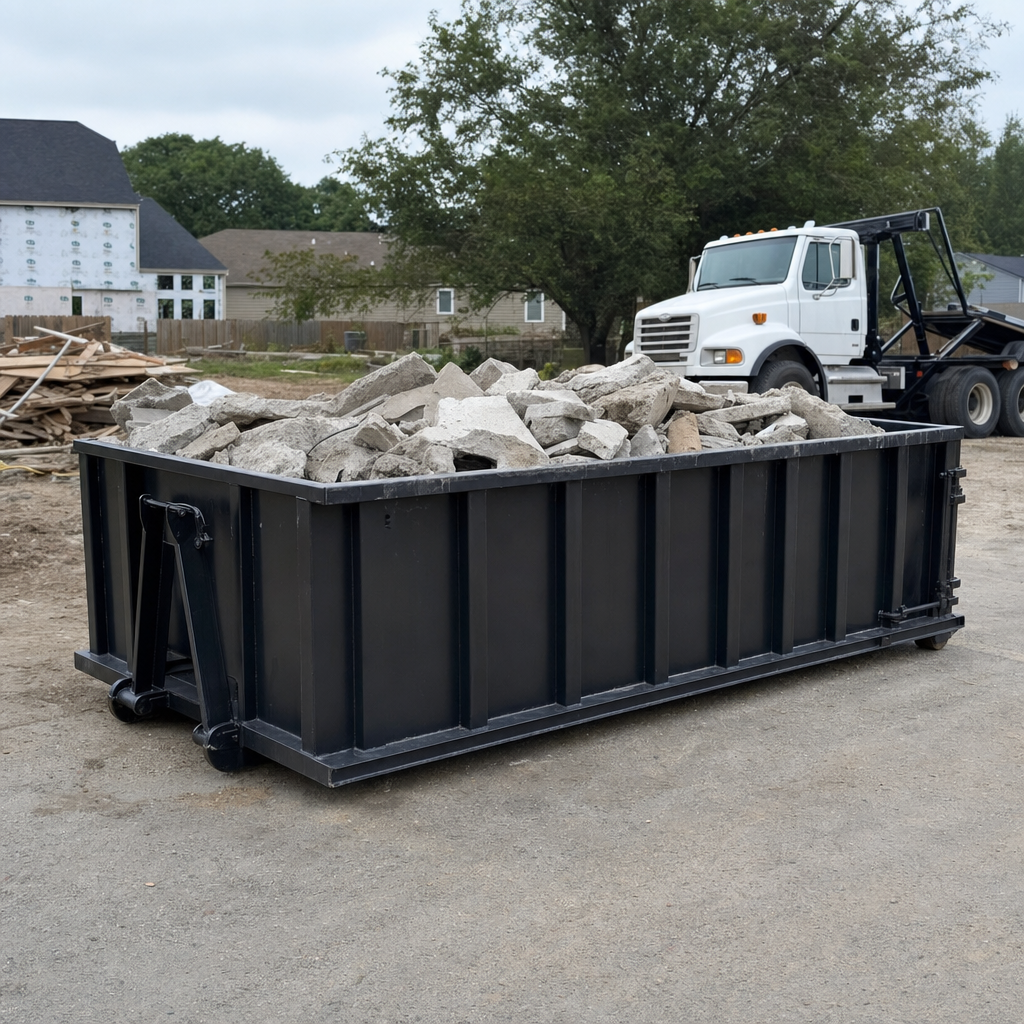 Low-profile matte-black lowboy roll-off dumpster loaded with broken concrete slab and rebar at a foundation tear-out in Ballston Spa, skid steer parked beside it, sunny Colorado morning
