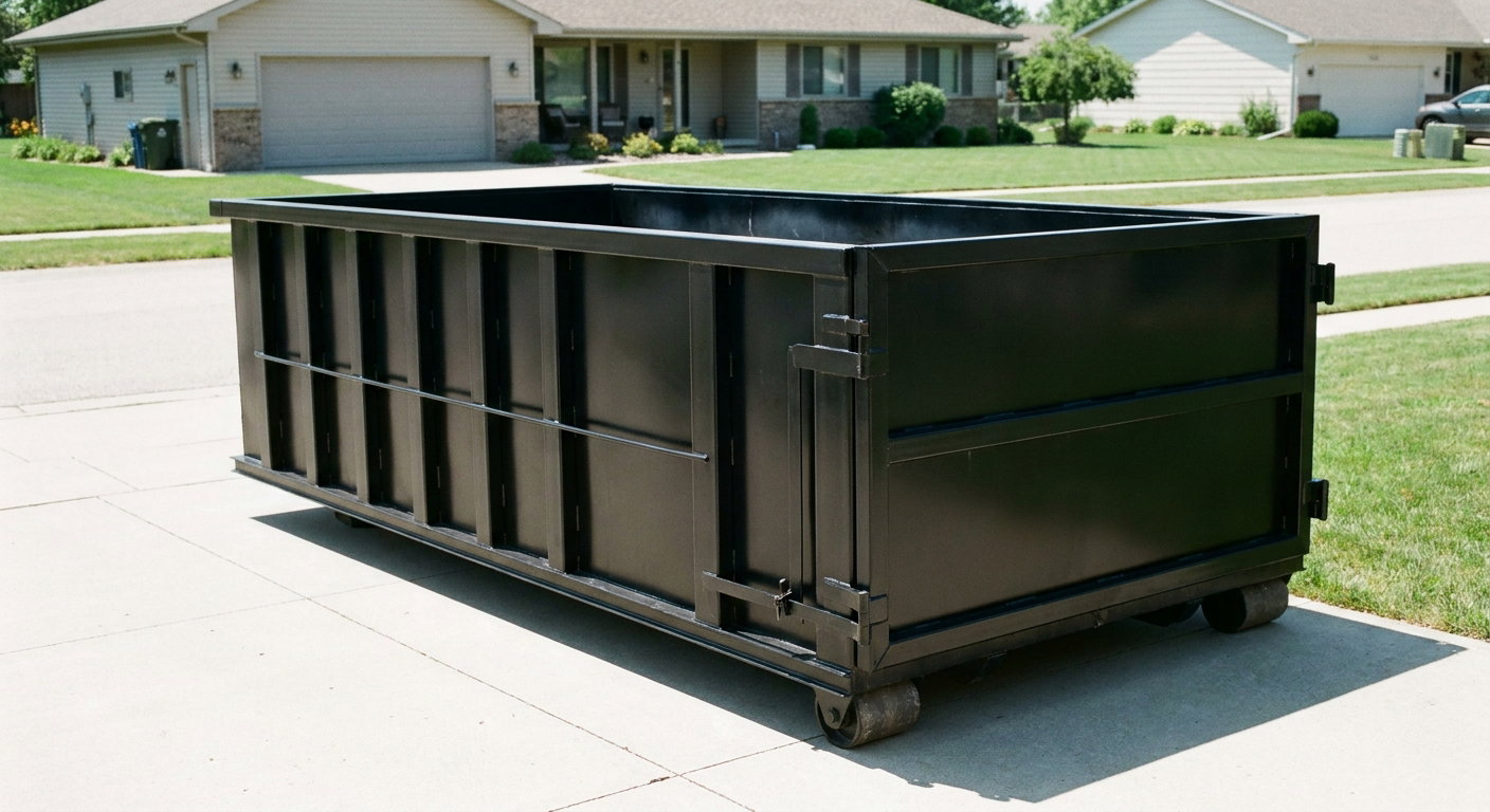 Matte-black 10-yard roll-off dumpster on a residential concrete driveway in Ballston Spa, uniformly painted matte black across every panel and rail, ribbed steel sidewalls and rear swing door visible, mid-day daylight.