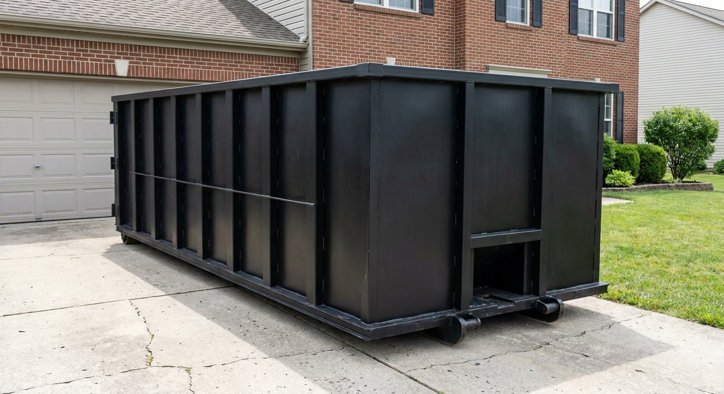 Matte-black 20-yard roll-off container on a Ballston Spa residential concrete driveway with reinforced ribbed steel sidewalls and a hinged rear walk-in door, clean bright daylight.