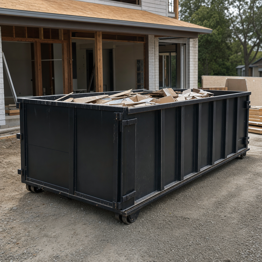 Large matte-black 30-yard construction roll-off dumpster at an active Ballston Spa jobsite, steel-gray top rails and bottom rollers visible, loaded with construction debris.