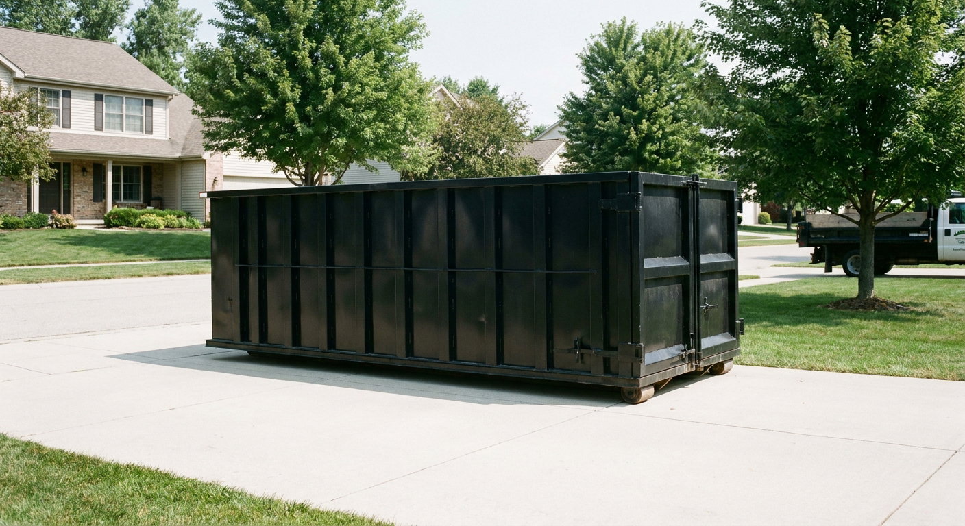 Matte-black 20-yard roll-off dumpster sitting level on a clean Ballston Spa residential concrete driveway under bright daylight, demonstrating clean placement directly on the concrete.
