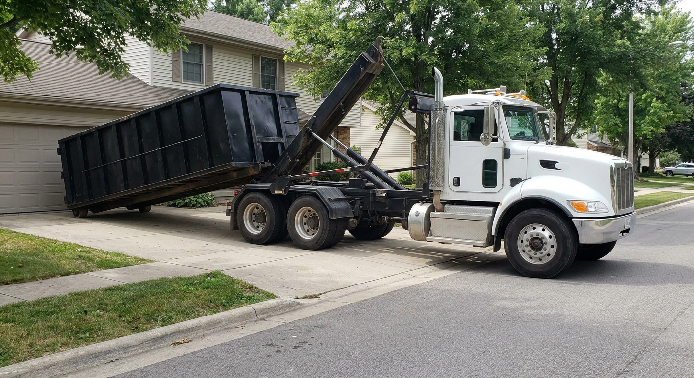 White-cab hooklift roll-off truck actively lowering a matte-black dumpster onto a Ballston Spa residential concrete driveway, the dumpster's rear wheels touching the driveway as the hoist arm tilts the bed forward, mid-morning daylight.
