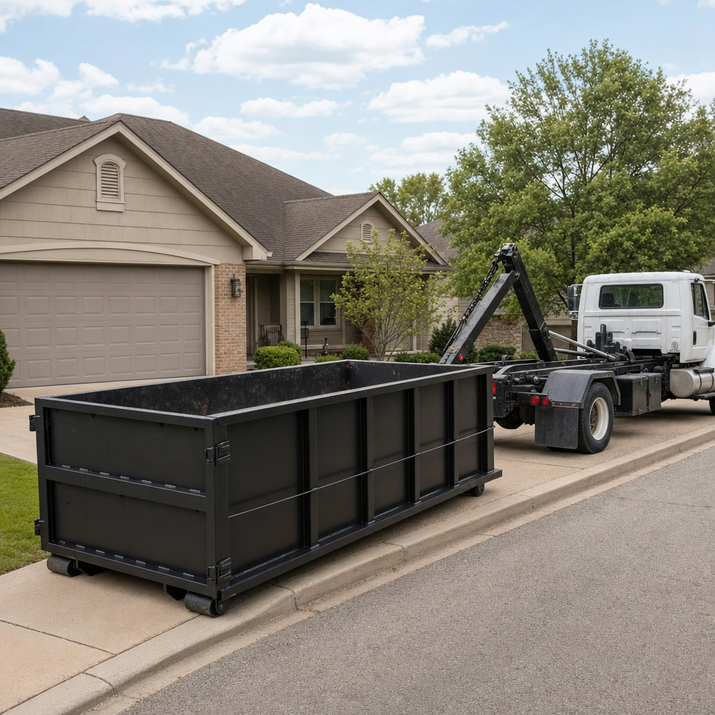 Wide documentary shot of a matte-black roll-off dumpster on a Ballston Spa residential driveway in the foreground and a contractor jobsite container in the soft-focus background, bright daylight, calm and orderly composition.