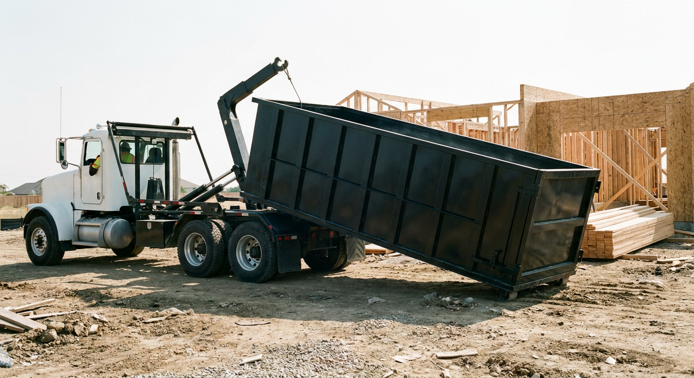 Matte-black roll-off dumpster being delivered onto a clean residential concrete driveway in Ballston Spa by an unmarked white hooklift hauler truck, bright morning daylight, documentary 35mm perspective.