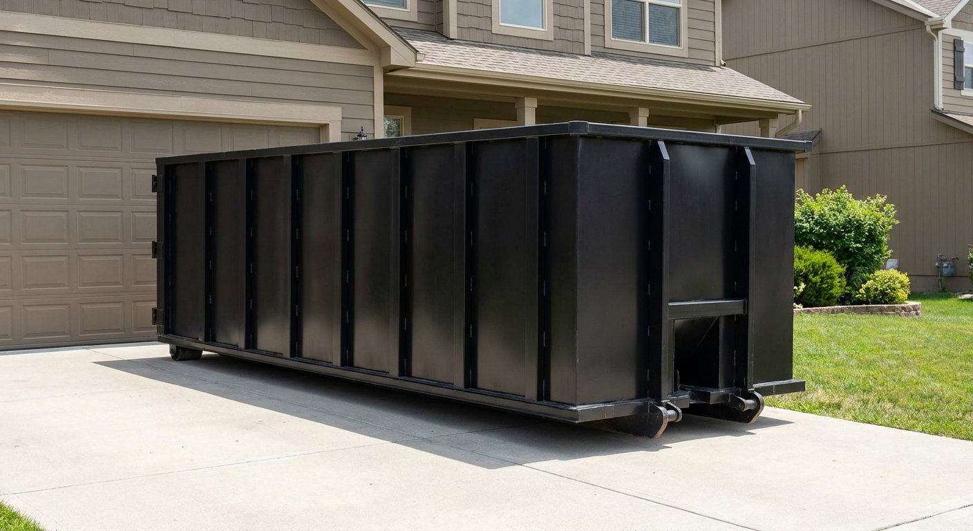 Matte-black residential roll-off dumpster sitting directly on a suburban Ballston Spa concrete driveway, garage door closed, single-family home in background, bright morning daylight.