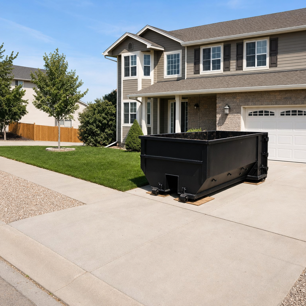 10-yard matte-black residential dumpster placed directly on a narrow Ballston Spa concrete driveway, room remains for a parked sedan beside it, mid-morning natural light
