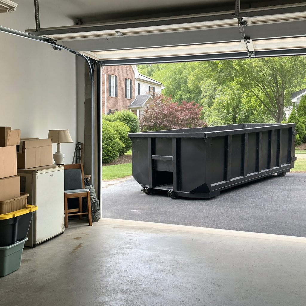 Open garage interior in a Ballston Spa home mid-cleanout — boxed items, an old appliance, and stacked yard tools queued near the driveway for a matte-black roll-off dumpster, organized and calm