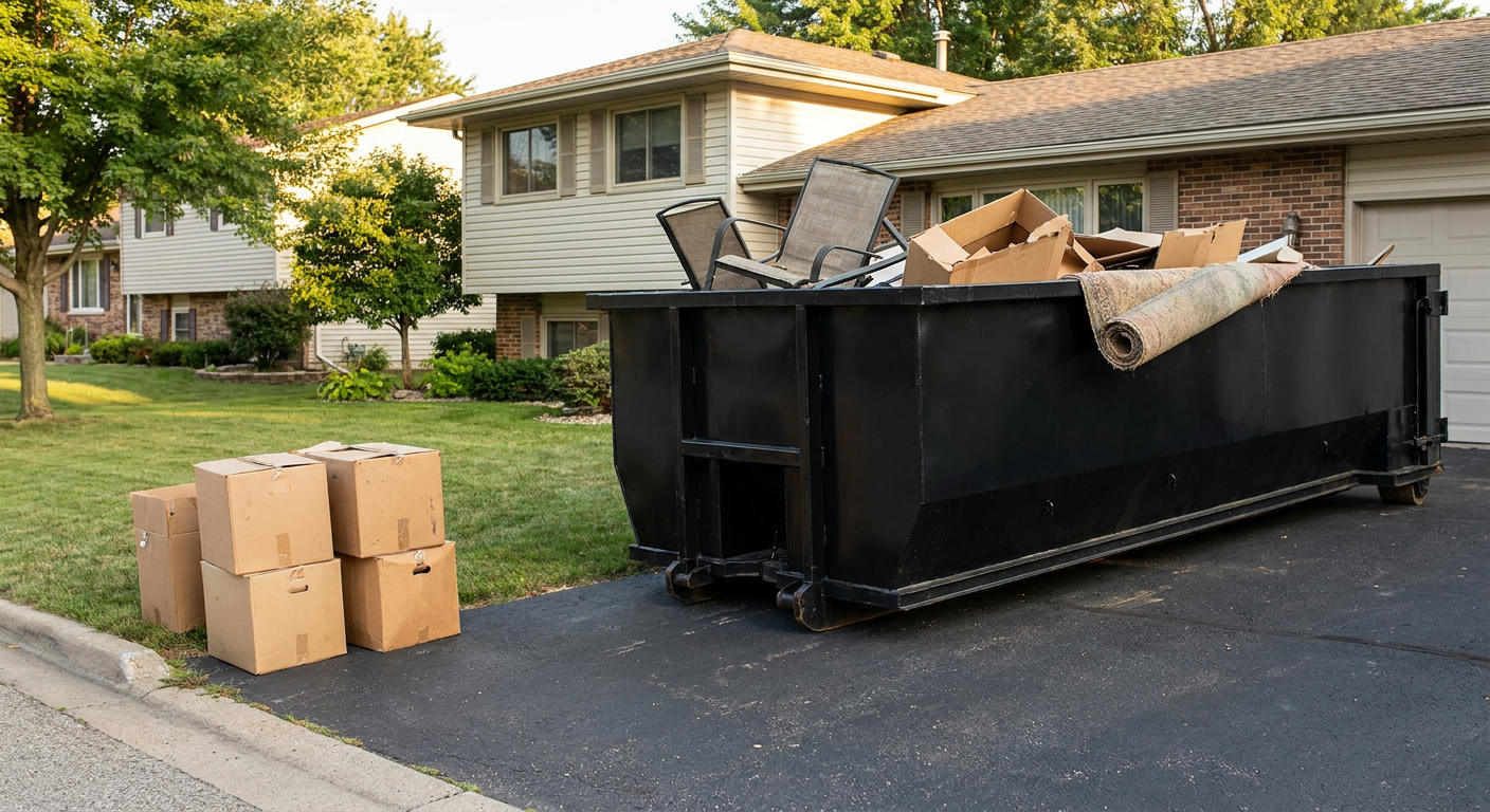 Front-yard view of a Ballston Spa split-level home with a 20-yard matte-black roll-off dumpster sitting directly on the asphalt driveway, a few clearly labeled donation boxes staged at the curb, calm sunny afternoon.
