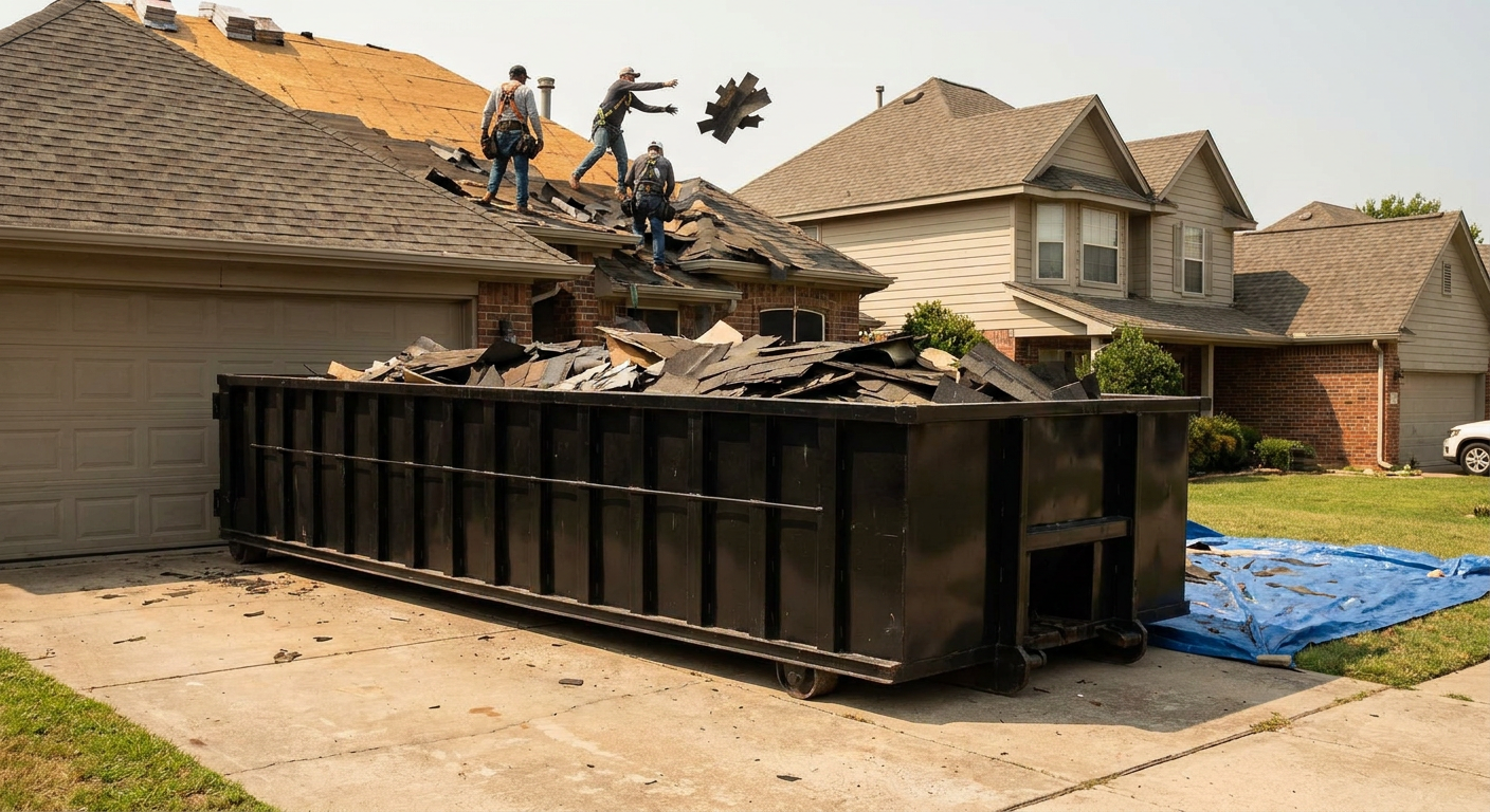 Matte-black roofing roll-off dumpster placed directly on a Ballston Spa residential concrete driveway, a tear-off crew on a two-story asphalt-shingle roof tossing shingle bundles into the low-walled container, bright daylight, documentary 35mm perspective.