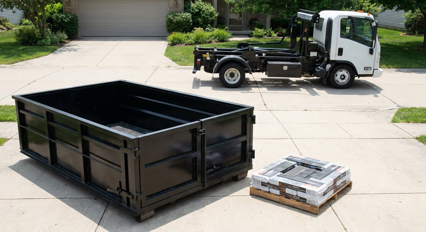 Matte-black 15-yard roofing roll-off dumpster with reinforced low side walls sitting directly on a Ballston Spa residential concrete driveway, three-tab asphalt shingle bundles stacked nearby, an unmarked white hauler truck partially visible at the edge of the frame.