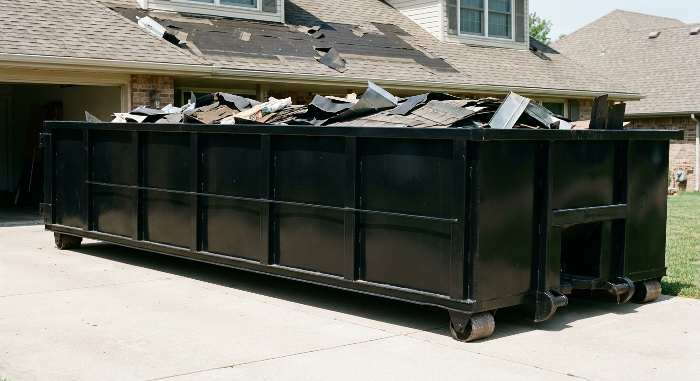 Matte-black 20-yard roofing roll-off dumpster with steel ribbed sides and swinging rear door, sitting directly on the concrete driveway of a two-story Ballston Spa home, asphalt shingle debris being loaded over the low wall, clean documentary lighting.