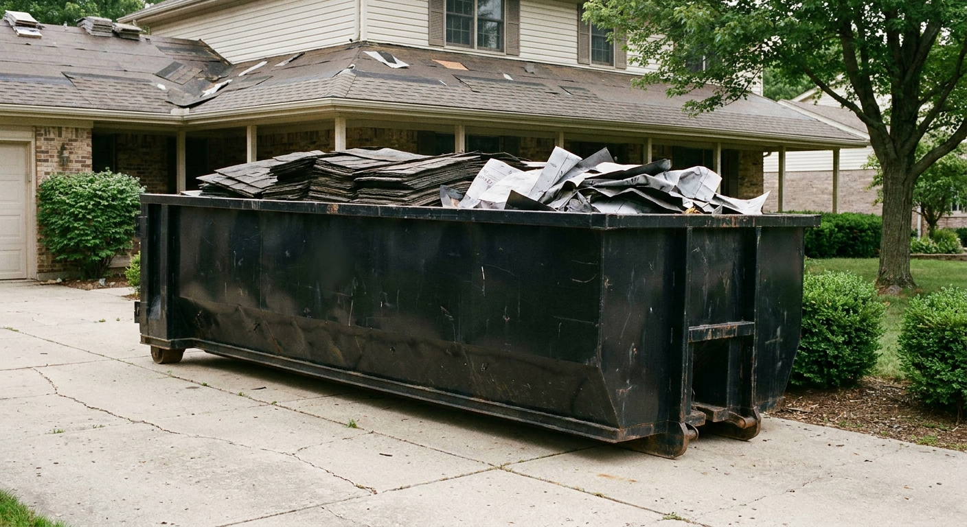 Matte-black 30-yard roofing roll-off dumpster sitting directly on a Ballston Spa concrete driveway, taller ribbed steel side panels, mixed tear-off debris of asphalt shingles and underlayment inside, professional documentary daylight.