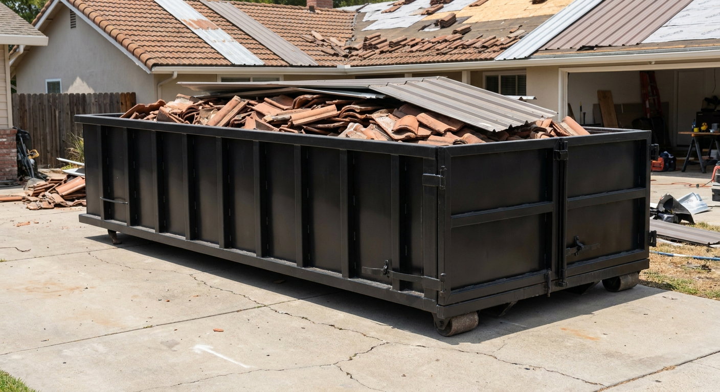 Matte-black low-wall heavy-debris roofing roll-off dumpster sitting directly on a Ballston Spa concrete driveway, broken concrete clay roof tiles and metal panel sections loaded inside, reinforced ribbed steel side walls visible, bright outdoor daylight.