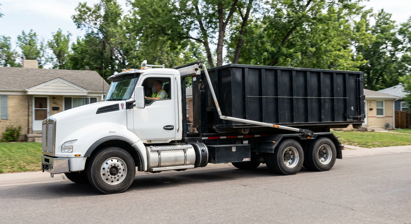 A wide documentary shot of a matte-black roll-off delivery truck pulling onto a quiet Ballston Spa residential street at mid-morning, with neighborhood rooftops and tree-lined blocks visible behind, showing the metro coverage footprint.