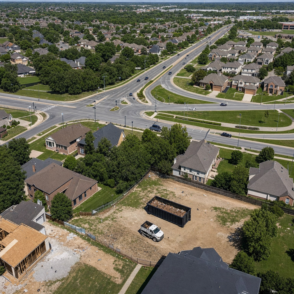 An overhead documentary view of the Ballston Spa metro area at midday, showing the spread of neighborhoods, arterial roads, and the dispatch radius from a central yard — clean daylight, organized geographic layout.