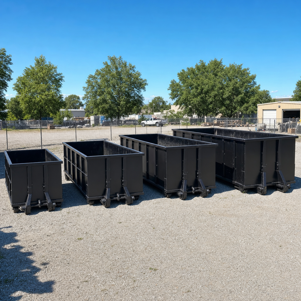 A clean lineup of matte-black roll-off dumpsters in 10, 20, 30, and 40-yard sizes staged on a sunlit gravel yard in Ballston Spa, showing the size progression from compact to commercial-scale containers.