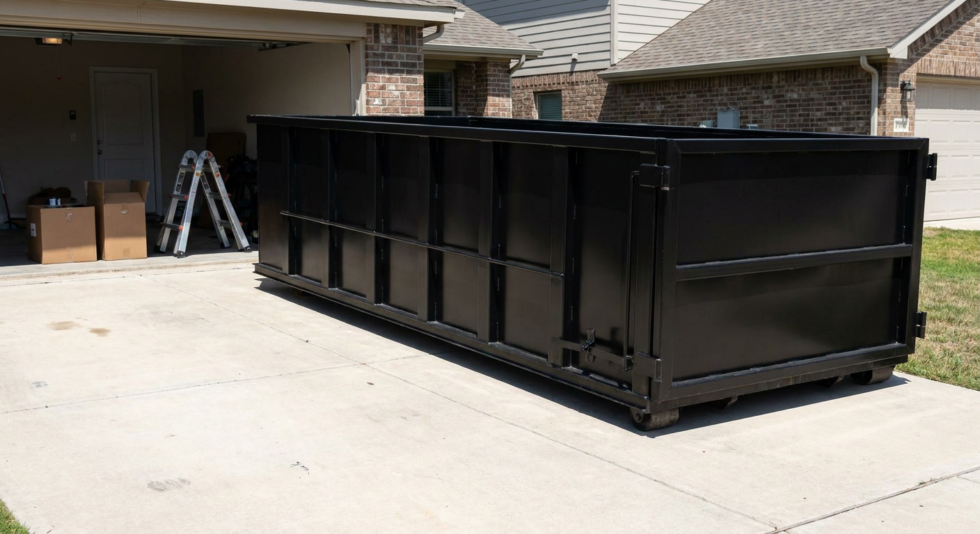 A matte-black 10-yard roll-off dumpster sitting directly on a residential Ballston Spa concrete driveway, mid-day sunlight, clean and ready for a garage cleanout.