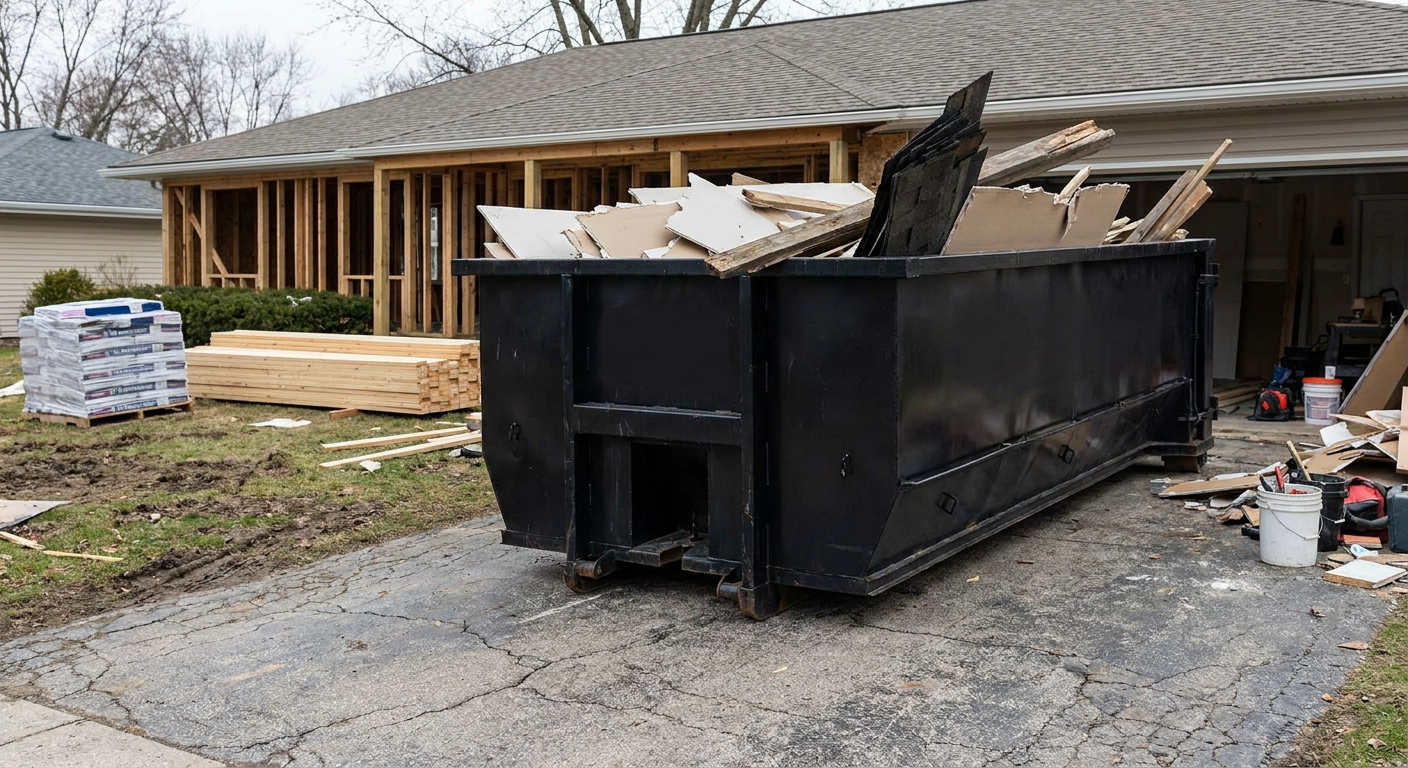 A matte-black 20-yard roll-off dumpster placed alongside a mid-renovation Ballston Spa home directly on the asphalt driveway, with framing materials and torn-off shingles staged neatly nearby.