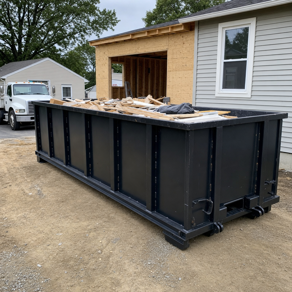 A matte-black 30-yard roll-off dumpster positioned at a Ballston Spa residential addition jobsite, with framing lumber and drywall scraps loaded through the open swinging rear doors.