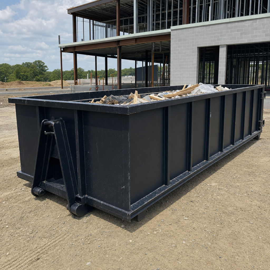 A matte-black 40-yard roll-off dumpster staged on a large Ballston Spa commercial construction lot, with a hooklift delivery truck parked alongside under bright midday sky.