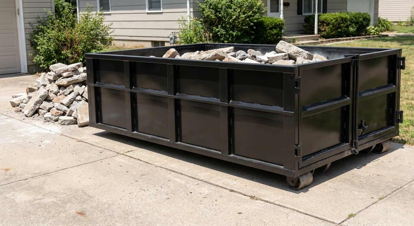 A matte-black low-side heavy-debris roll-off dumpster placed directly on a Ballston Spa concrete driveway, with broken concrete chunks neatly stacked beside it under clean daylight.